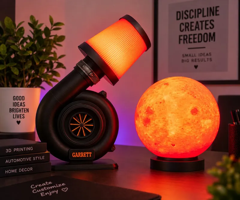 3D printed turbine and moon night lamps